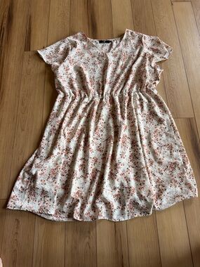 Cream Floral Midi Dress with Rust Bouquet Print